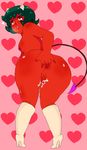  1girl aliasing anal_fingering boots demon_tail from_behind green_hair heart heart_background helvetica_(succubus_game) high_heels horns leaning_forward looking_back masturbation nude pussy_juice red_eyes short_hair simple_background solo succubus_game tail uncensored vutie 