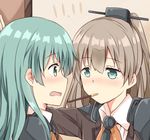  blue_eyes brown_hair close-up food green_eyes green_hair hair_ornament imminent_kiss jitai kantai_collection kumano_(kantai_collection) long_hair mouth_hold multiple_girls open_mouth pocky pocky_day ponytail school_uniform sharing_food suzuya_(kantai_collection) yuri 