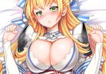  armor blonde_hair blush breasts cendrillion_(wonderland_wars) cleavage earrings green_eyes hair_ribbon jewelry large_breasts long_hair looking_at_viewer lying miyamoto_issa on_back parted_lips ribbon shoulder_armor solo wonderland_wars 