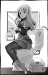  bad_id bad_twitter_id blush boots bracelet candle commentary cup dress greyscale highres holding jewelry long_hair looking_at_viewer mirror monochrome original pantyhose saucer short_dress sitting solo teacup toilet uni_mate 
