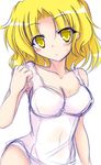  1girl blonde_hair blush breasts character_request cleavage gengetsu looking_at_viewer short_hair simple_background solo touhou touhou_(pc-98) tsunogiri yellow_eyes 