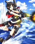  absurdres ahoge blue_eyes blue_sky braid cloud day fingerless_gloves firing gloves hair_ornament highres kantai_collection kneehighs open_mouth remodel_(kantai_collection) school_uniform serafuku shigure_(kantai_collection) single_braid skirt sky solo splashing stachz tsurime water 