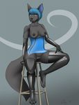  2014 anthro black_fur blue_hair canine cayo clothing elbow_gloves female fur gloves hair jackal legwear looking_at_viewer mammal panties pose rubber sitting solo thigh_highs underwear 