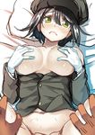  1girl akitsu_maru_(kantai_collection) bare_shoulders blonde_hair blush body_mahattaya_ginga breast_hold breasts covering covering_breasts frown gloves hat hetero kantai_collection large_breasts looking_at_viewer lying navel on_back out-of-frame_censoring pale_skin shirt_pull short_hair solo_focus spread_legs sweat white_gloves 