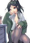  absurdres alternate_costume alternate_hairstyle black_hair black_legwear blue_eyes chromatic_aberration commentary_request highres kantai_collection katsuragi_(kantai_collection) long_hair looking_at_viewer pantyhose ponytail satou_daiji sitting solo unbuttoned 