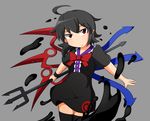  &gt;:( ahoge asymmetrical_wings black_dress black_hair black_legwear dress frown houjuu_nue ink looking_at_viewer manorea pointy_ears polearm red_eyes serious short_hair solo thighhighs touhou trident v-shaped_eyebrows weapon wings wristband 