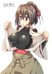  blush body_mahattaya_ginga breasts brown_hair bug chestnut_mouth commentary_request covered_nipples highres impossible_clothes insect ise_(kantai_collection) kantai_collection ladybug large_breasts no_bra ponytail red_eyes short_hair simple_background skin_tight solo white_background 