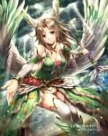  breasts brown_eyes brown_hair cleavage cloud detached_sleeves fantasy feathered_wings flower gabiran head_wings jewelry large_breasts light_rays looking_at_viewer necklace official_art outstretched_arm rose smile solo staff tenkuu_no_crystalia thighhighs wings 