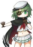  &gt;:) cape contrapposto cowboy_shot eyepatch flat_cap gloves green_eyes green_hair hat kantai_collection kiso_(kantai_collection) miniskirt nanatsuta navel neckerchief outstretched_arm outstretched_hand pleated_skirt remodel_(kantai_collection) short_hair skirt smile solo standing stomach twitter_username v-shaped_eyebrows white_background 