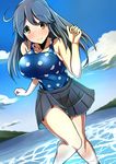  ahoge bangs beach black_hair breasts brown_eyes cleavage clenched_hands cloud day eyebrows eyebrows_visible_through_hair girly_pose hair_between_eyes kantai_collection knees_together_feet_apart large_breasts long_hair miniskirt no_nose ocean outdoors pleated_skirt polka_dot polka_dot_swimsuit skirt sky smile solo swimsuit ushio_(kantai_collection) water yoiyoi_(kannkann100) 
