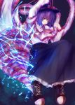  ascot black_skirt bow drill electricity frills hat hat_bow hat_ribbon highres long_skirt looking_at_viewer nagae_iku parted_lips purple_hair red_eyes ribbon sawa_nao shawl short_hair skirt solo touhou 