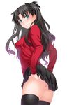  adjusting_clothes ass bangs black_hair black_legwear blue_eyes blush breasts check_commentary chobipero commentary_request fate/stay_night fate_(series) from_side hair_ribbon highres lifted_by_self long_hair looking_at_viewer medium_breasts miniskirt parted_bangs parted_lips pleated_skirt ribbon simple_background skindentation skirt skirt_lift solo sweater thighhighs thighs toosaka_rin two_side_up underwear white_background zettai_ryouiki 