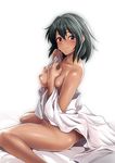  ass bed_sheet black_hair blush breasts dark_skin from_side hair_between_eyes idolmaster idolmaster_cinderella_girls k2isu looking_at_viewer medium_breasts naked_sheet natalia_(idolmaster) nipples nude on_bed purple_eyes shiny shiny_skin sitting smile solo wariza 