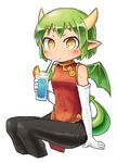  blush chinese_clothes cup draco_centauros dragon_girl dragon_horns dragon_tail dragon_wings drink drinking drinking_glass drinking_straw elbow_gloves eyebrows eyebrows_visible_through_hair gloves green_hair horns madou_monogatari nanatsuta pointy_ears puyopuyo short_hair solo tail white_background wings yellow_eyes 