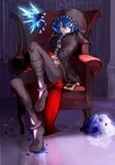  anklet blue_hair bouquet chair commentary_request danball_senki danball_senki_w expressionless fairy flower flying full_body glowing hood hoodie indoors jewelry knee_up looking_at_viewer male_focus oozora_hiro parted_lips petals red_eyes reflection rojer18 rose sitting solo throne wings zipper 