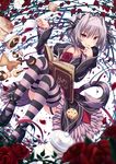  :d blurry book cookie copyright_name cup depth_of_field flower food garter_straps grin hairband hapymaher highres holding lolita_fashion lolita_hairband looking_at_viewer naitou_maia open_mouth rose scone silver_hair smile solo striped striped_legwear tail teacup ugume 