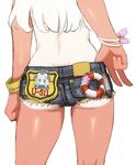  adapted_object ass ass_focus badge bangle blonde_hair bracelet chaki_(teasets) character_name character_print close-up cutoffs denim denim_shorts engrish jewelry kantai_collection lifebuoy long_hair one-piece_tan ranguage ro-500_(kantai_collection) short_shorts shorts simple_background solo tan tanline torpedo u-511_(kantai_collection) white_background 
