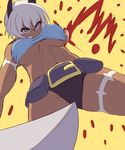  amputee animal_ears bandeau belt black_panties bleeding blood blue_eyes bob_cut breasts cat_ears clenched_teeth commentary_request dark_skin from_below highres injury knife large_breasts midriff mokomaso ms._fortune_(skullgirls) panties scar short_hair skullgirls solo strapless tail teeth underboob underwear utility_belt white_hair 