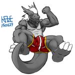 anthro balls biceps blue_eyes bulge clothed clothing dragon flexing hair kaze3481_(artist) male muscles penis presenting smile solo spreading underwear white_hair 