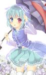  blue_hair flower harukaruha heterochromia highres hood hydrangea karakasa_obake looking_at_viewer raincoat see-through shirt skirt sleeveless sleeveless_shirt smile solo tatara_kogasa thighhighs tongue tongue_out touhou umbrella white_legwear zettai_ryouiki 