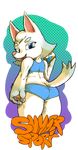  4_fingers actionbastardvirginblstr anthro blue_eyes butt canine clothing english_text female fur looking_at_viewer looking_back mammal open_mouth pink_nose shorts solo text volleyball white_fur whitney_(animal_crossing) wolf 