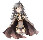  1girl ahoge breasts cape circlet cleavage cleavage_cutout covered_navel curly_hair fire_emblem fire_emblem_if grey_hair mimasho ophelia_(fire_emblem_if) simple_background smile solo thighhighs 