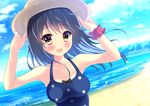  adjusting_clothes adjusting_hat bad_id bad_pixiv_id beach black_hair breasts brown_eyes building cloud day hat kantai_collection long_hair medium_breasts ocean open_mouth outdoors polka_dot polka_dot_swimsuit sand sky smile solo swimsuit ushio_(kantai_collection) water yuzukaze_rio 