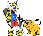  adventure_time blue_eyes canine dog finn_the_human human jake_the_dog male mammal melee_weapon redesign sword weapon 