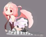  arm_support artist_name bad_id bad_twitter_id blush dice dress elbow_gloves flower gloves grey_background grey_legwear hair_ornament highres kneeling looking_at_viewer necktie no_shoes original pink_dress pink_eyes pink_hair short_hair short_twintails signature smile solo striped striped_legwear thighhighs translation_request twintails uni_mate v_arms wings 