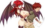  1girl anal breasts censored clothed_sex cum cum_while_penetrated demon_girl futa_with_male futanari horns large_breasts pegging potato_house red_hair sex simple_background wings 