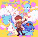  1boy altaria bigbang daesung jacket lapras male_focus nosepass open_mouth patch poke_ball pokemon simple_background skitty smile swirlix togetic 