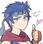  akairiot bad_id bad_tumblr_id blue_eyes blue_hair blush breasts cape cleavage closed_mouth face fingerless_gloves fire_emblem fire_emblem:_souen_no_kiseki genderswap genderswap_(mtf) gloves headband ike large_breasts smile solo thumbs_up 