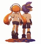  1girl arm_warmers bike_shorts blue_hair dew-spiegel from_behind headphones hetero holding_hands inkling monster_boy monster_girl orange_hair pointy_ears ponytail shirt simple_background splatoon_(series) splatoon_1 tentacle_hair tied_hair walking_away white_background white_shirt 