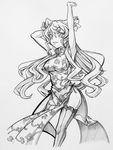  armpits arms_up bare_hips breasts china_dress chinese_clothes dress flower graphite_(medium) greyscale hair_flower hair_ornament justi39gx long_hair maria_cadenzavna_eve medium_breasts monochrome senki_zesshou_symphogear simple_background sleeveless smile solo thighhighs traditional_media 