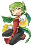  :d blush chinese_clothes draco_centauros dragon_girl dragon_horns dragon_tail dragon_wings elbow_gloves eyebrows eyebrows_visible_through_hair fang gloves green_hair green_wings horns nanatsuta open_mouth pants pointy_ears puyo_(puyopuyo) puyopuyo short_hair smile solo tail white_background wings yellow_eyes 