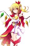  alternate_costume asymmetrical_hair asymmetrical_wings blonde_hair cosplay cure_scarlet cure_scarlet_(cosplay) detached_sleeves dress flandre_scarlet go!_princess_precure looking_at_viewer magical_girl namesake o_kakugo_wa_yoroshikute? outstretched_hand precure rando_seru red_eyes side_ponytail smile solo touhou white_dress wide_sleeves wings 