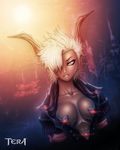  blue_eyes breasts castanic_(tera) center_opening dark_skin earrings eyelashes hair_over_one_eye horns jacket jewelry large_breasts mark_patten pointy_ears short_hair solo tera_online upper_body white_hair 