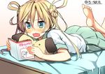  abukuma_(kantai_collection) barefoot blonde_hair blue_eyes blush body_mahattaya_ginga book commentary_request kantai_collection long_hair lying on_stomach reading solo twintails wavy_mouth 