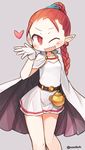  :d braid cape chrono_trigger commentary_request cowboy_shot earrings fang flea_(chrono_trigger) gloves grey_background heart jewelry long_hair nanatsuta no_legwear one_eye_closed open_mouth red_eyes red_hair skirt smile solo teapot twitter_username v-shaped_eyebrows 