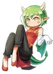  :o arm_behind_head blush chinese_clothes draco_centauros dragon_girl dragon_horns dragon_tail dragon_wings elbow_gloves eyebrows eyebrows_visible_through_hair gloves green_hair green_wings horns madou_monogatari nanatsuta open_mouth pointy_ears puyopuyo short_hair solo tail white_background wings yellow_eyes 