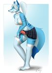  animal_genitalia anthro blue_fur bra breasts canine canine_penis cayo cleavage clothed clothing collar dickgirl erection fur hair intersex legwear looking_at_viewer mammal navel penis ponytail skirt solo standing stockings underwear white_hair wolf 