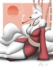  2014 anthro arm_support big_breasts breasts canine cayo cleavage clothed clothing female fox fur japanese_clothing kimono mammal multiple_tails pipe smoking white_fur 