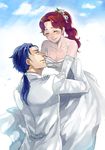  1girl ahiru1126 bare_shoulders blue_hair closed_eyes couple dress formal gloves hetero hokuto_no_ken lifting_person long_hair mamiya ponytail red_hair rei_(hokuto_no_ken) smile suit white_dress white_gloves 