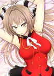  amagi_brilliant_park antenna_hair arms_up breasts brown_eyes brown_hair large_breasts long_hair looking_at_viewer ponytail sento_isuzu shugoi solo 