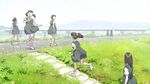  ankle_socks bridge commentary dress grass highres kneehighs levee long_hair looking_back multiple_girls original pinafore_dress ponytail road_sign running school_uniform short_hair short_twintails sign smile stairs tnt_(aaaazzzz) twintails walking waving 