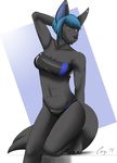  2014 anthro bikini black_fur blue_hair canine cayo cleavage clothed clothing female fur hair jackal mammal navel one_eye_closed_pose purple_eyes rubber solo swimsuit 