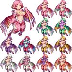  blonde_hair breasts cleavage dark_skin feathered_wings feathers green_eyes green_hair harpy large_breasts looking_at_viewer monster_girl multiple_views navel original pink_hair pixel_art pointy_ears purple_hair purple_skin red_eyes red_hair sb_(coco1) short_hair simple_background smile talons white_background white_hair wings yellow_eyes 