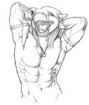 2013 abs anthro armwear biceps bottomless clothed clothing dragon hair half-dressed horn kalnareff kalnareff_(character) long_hair looking_at_viewer male monochrome muscles navel necklace open_mouth pecs pose raised_arm scales scalie sharp_teeth slit_pupils solo teeth tongue topless uvula 