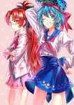  blue_eyes blue_hair blush bow crossed_arms grin hair_bow hat juliet_sleeves lain long_hair long_sleeves mahou_shoujo_madoka_magica miki_sayaka multiple_girls neckerchief one_eye_closed ponytail pose puffy_sleeves red_eyes red_hair sakura_kyouko shirt skirt smile very_long_hair 