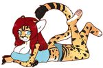  anthro big_breasts black_nose blue_eyes breasts cheetah cleavage clothed clothing crossed_arms eyelashes feet feline female fur hair lying mammal on_front pawpads red_hair shirt solo spots underwear white_fur yellow_fur zyira 